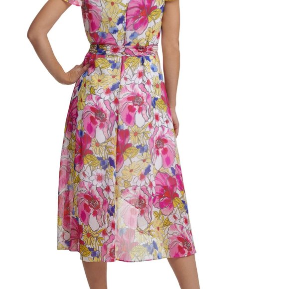 DKNY Floral Flutter Sleeve Faux Wrap Midi Dress Size 16 - Picture 2 of 4